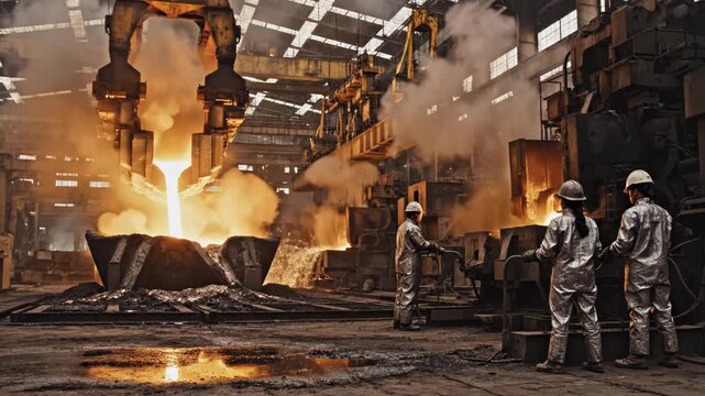 Two industrial steel mill workers in silver heat-reflective suits monitoring the pouring of molten metal from a massive ladle with bright sparks flying across a foundry factory floor.