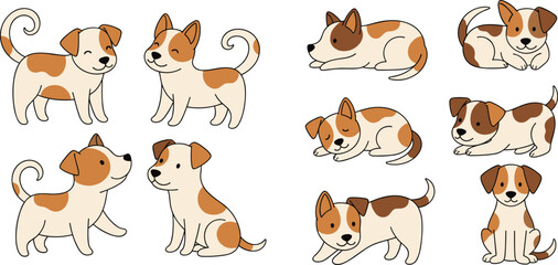 Obraz premium Cute Dog Character Vector Set Featuring Cartoon Puppies Standing Sitting Running and Lying in Different Poses for Pet Design