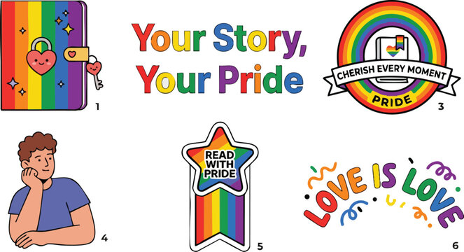 Colorful pride themed quotes and rainbow icons with smiling padlock and thoughtful person
