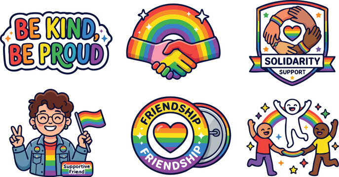 Pride rainbow handshake friendship badges with supportive friend character and solidarity emblem