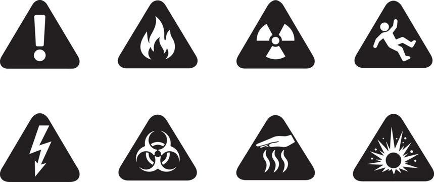 Warning triangle icon set with hazard signs, flammable and radiation symbols, editable EPS vector