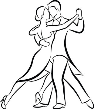 Elegant couple dancing ballroom tango waltz together, romantic dance partners outline illustration, performance art music concept vector