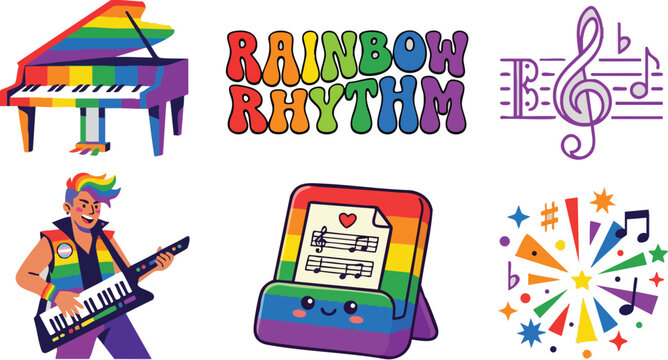 Colorful rainbow piano musician playing keytar with rainbow rhythm text and musical notes vector art