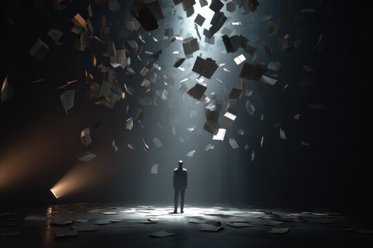 A man stands in a dark area as papers fall around him. Light beams shine down from above, creating a striking scene. The atmosphere is filled with floating pages