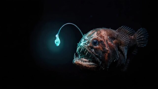 A deep-sea anglerfish lurks in darkness, using its unique bioluminescent lure to attract prey