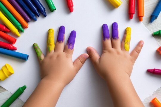 Childs Hands Covered in Colorful Neon Finger Paint Activity