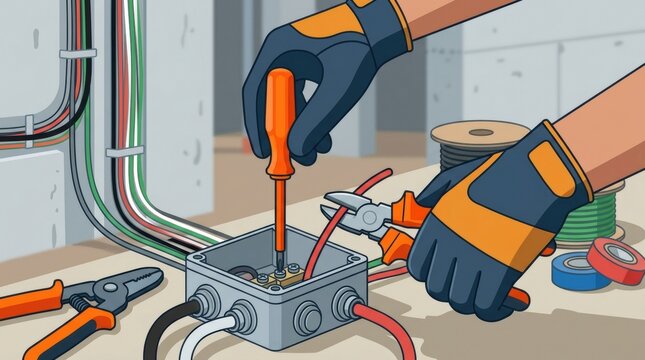 Electrician Performs Wiring and Installation in a Workspace With Tools and Equipment for Electrical Safety