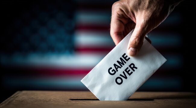 A hand places a ballot with the words game over into a ballot box. An American flag serves as a backdrop. This scene captures the moment during a voting event