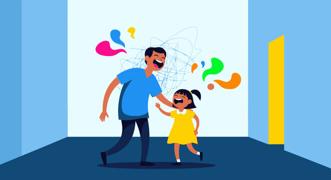 Father and daughter laughing and playing together, expressing joy and happiness in a colorful, abstract burst of emotions.