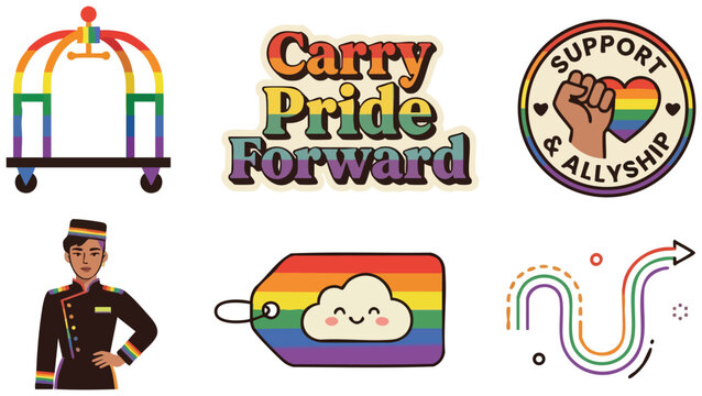 Pride forward lettering with rainbow bellhop and support allyship fist badge vector art