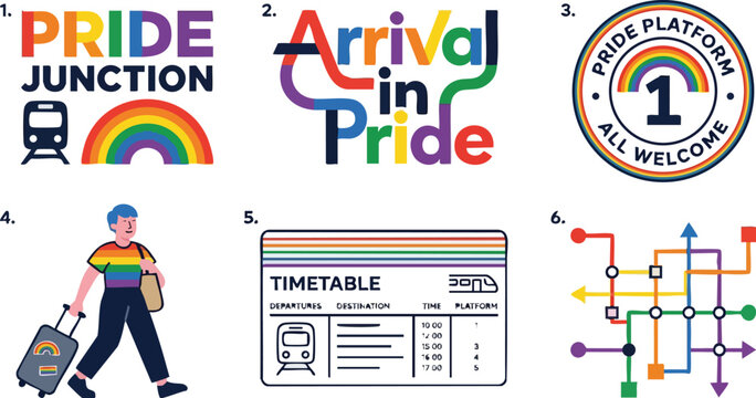 Colorful pride junction and rainbow transit themed vector illustrations with timetable and map