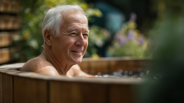 Faceless elderly happy man in an ice bath barrel in a blurred backyard garden for a cold therapy, wellness, recovery, and relaxation detox concept. Defocused garden background.