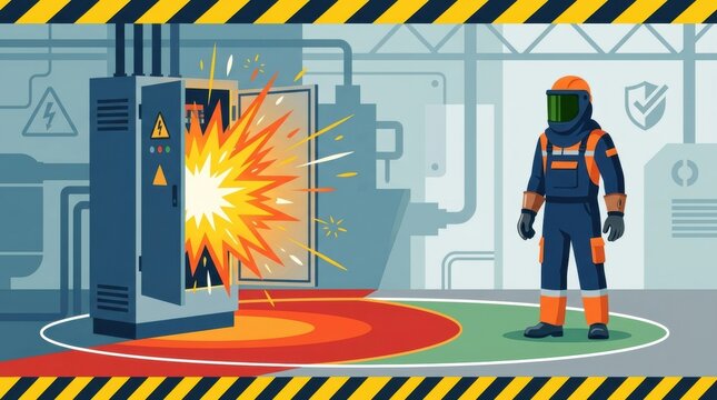 Electric Safety Training Scene Showing an Arc Flash Incident in an Industrial Setting With a Safety Worker Present