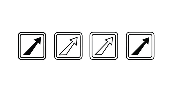 Four black and white road signs with diagonal arrows