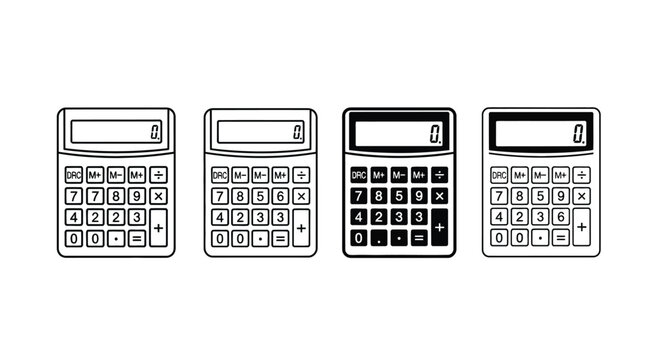 Four black and white calculators lined up in a row