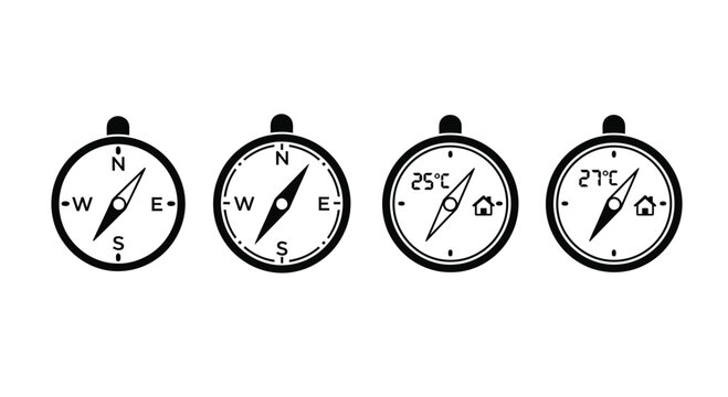 Four compass dials showing different directions and temperatures