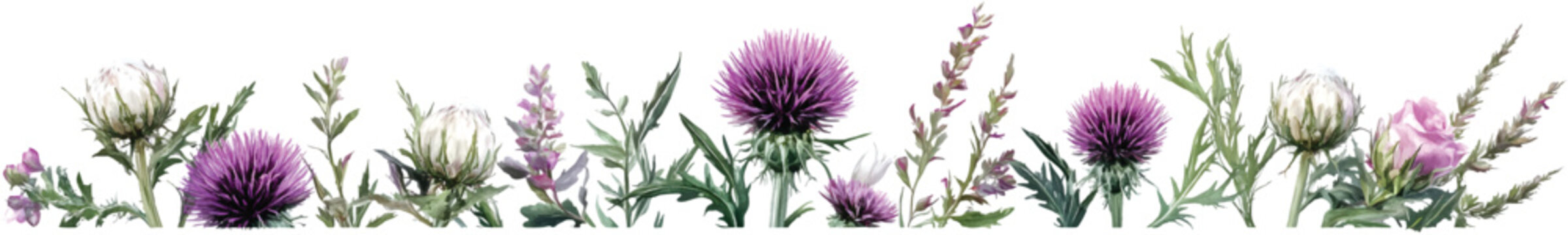 a set of realistic digital art images of purple thistles and white thistles with pink flowers, on a transparent background