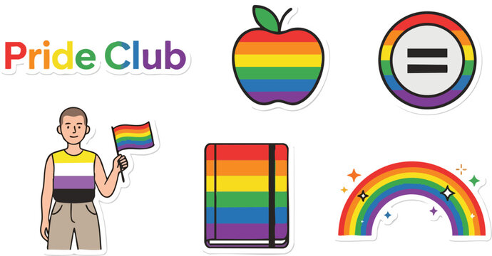 Pride club rainbow text man holding flag apple equal sign notebook and rainbow icons