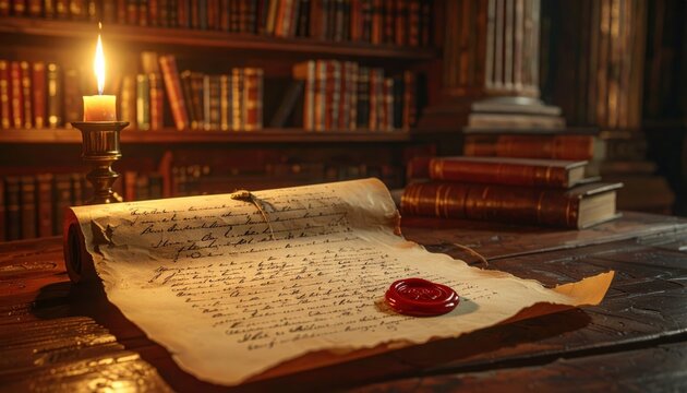 Ancient Greek parchment letter sealed with red wax, illuminated by candlelight in a classic library setting.
