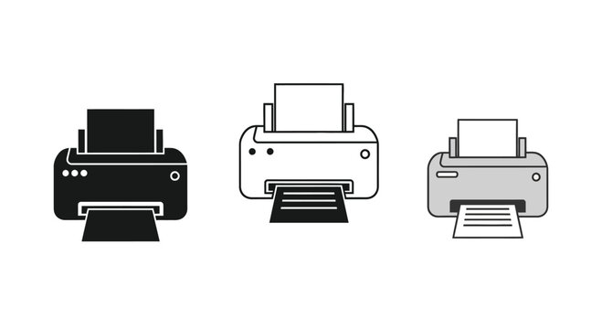Three black and white line of printers with paper