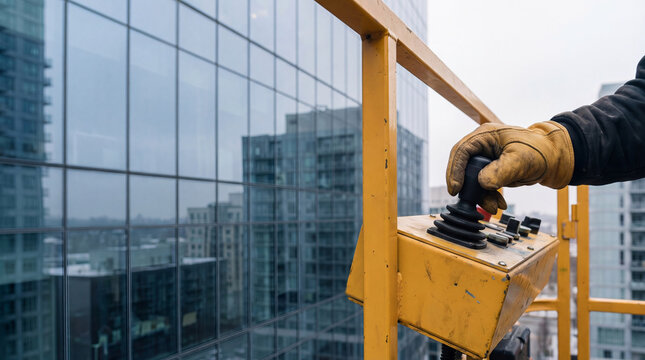 Window cleaner operates suspension platform controller near glass skyscraper. Man holding joystick of cradle to move along building facade. Professional exterior maintenance equipment work.