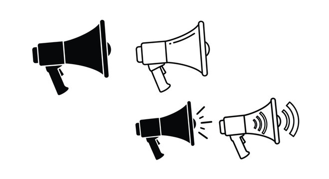 Four black and white megaphone two emitting sound waves