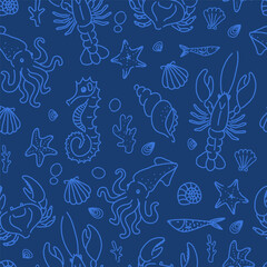 Fototapeta premium Hand-Drawn Nautical Marine Life Pattern Featuring Seahorses and Starfish on Blue Background