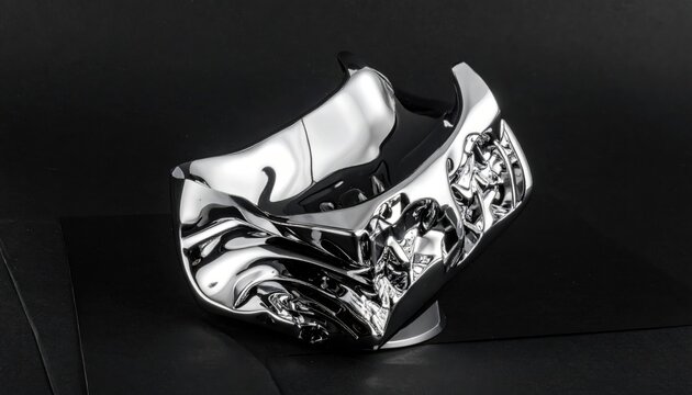 An exquisite highly polished, reflective chrome-plated sculptural object, showcasing intricate curves and dynamic light reflections, elegantly isolated against a sleek dark studio background.