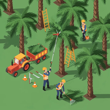 Workers pruning palm trees with tractor.