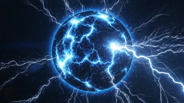 Electricity glowing blue orb with lightning.
