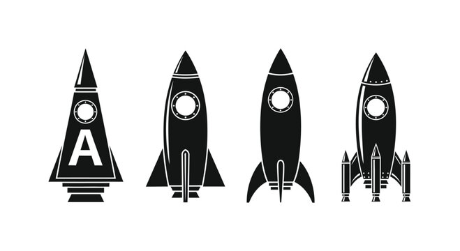 Four black and white retro rocket with circular windows