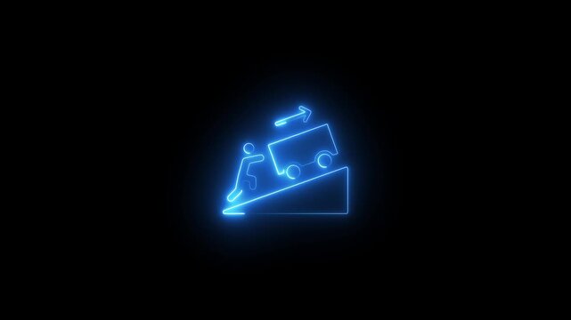 Neon Blue Delivery Truck and Person Running Up Incline with Package Delivery Concept