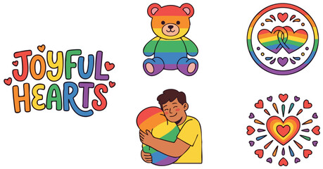 Naklejka premium Colorful joyful hearts lettering with rainbow bear and hugging boy vector art