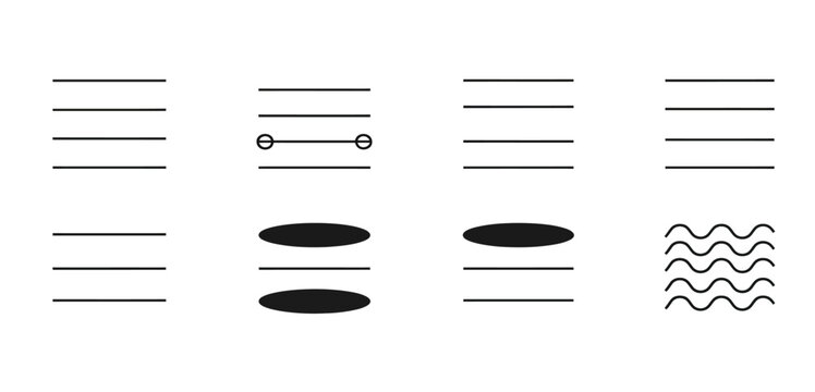 Series of black and white lines, circles, ovals, and wavy patterns