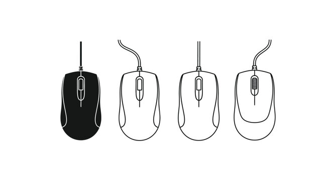 Four computer mice, one black and three white, isolated on white background