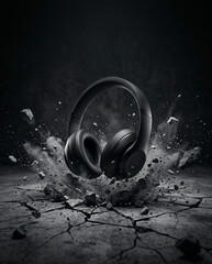 Fototapeta premium Black headphones exploding outwards from cracked concrete with debris high impact sound system heavy duty headphones explosion concrete destruction dramatic monochrome abstract photography