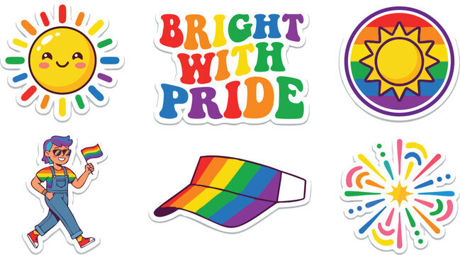 Colorful bright with pride lettering rainbow sun walking person visor hat firework vector art