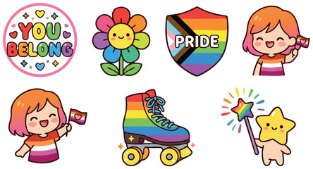 Fototapeta premium Cute rainbow flower and pride shield with happy character holding flag and roller skate vector art