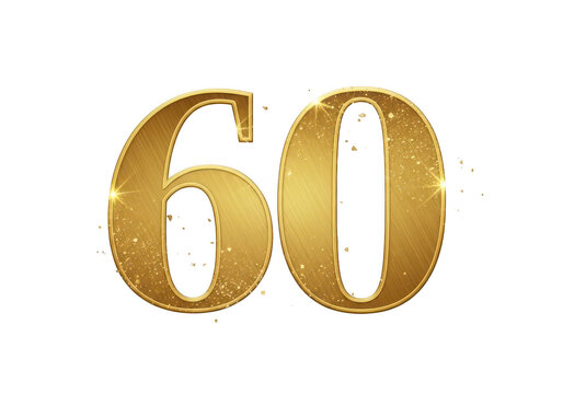 Golden number sixty isolated as a shiny metallic figure isolated on transparent background