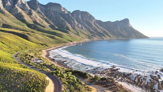 Aerial drone footage of Clarence Drive, one of South Africa&rsquo;s most scenic coastal routes, , stretching along the rugged coastline between Gordon&rsquo;s Bay and Hermanus.