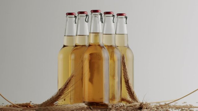 Natural ingredients for brewing beer with barley grains slowly falling on a pack of clear glass bottles with red caps, surrounded by falling barley and wheat grains, craft beverage production