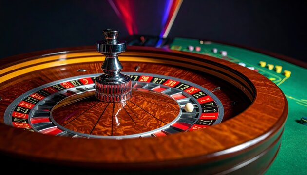 Detailed view of a roulette wheel with the ball in motion, capturing a moment of anticipation within a casino setting
