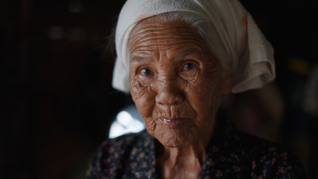 Weathered elderly asian woman wearing traditional headscarf, deep wrinkles revealing profound life stories and cultural heritage