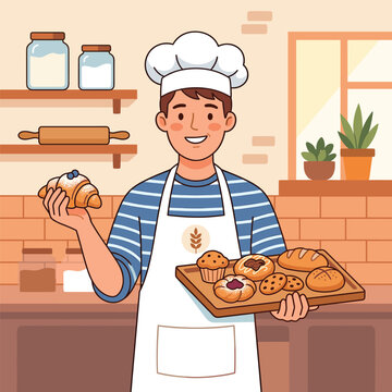 Chef With Baked Goods With Croissant With Muffin