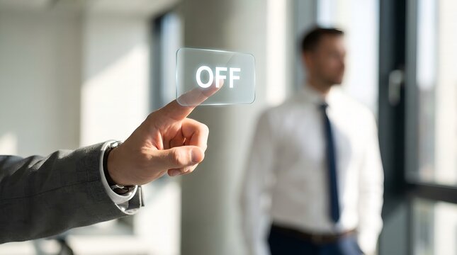 Employee turning off a virtual button labeled 'OFF' symbolizing the end of a workday or a break from technology