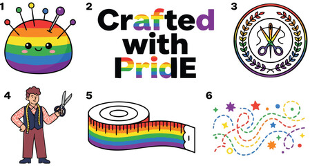 Fototapeta premium Colorful crafted with pride rainbow text and sewing icons vector art