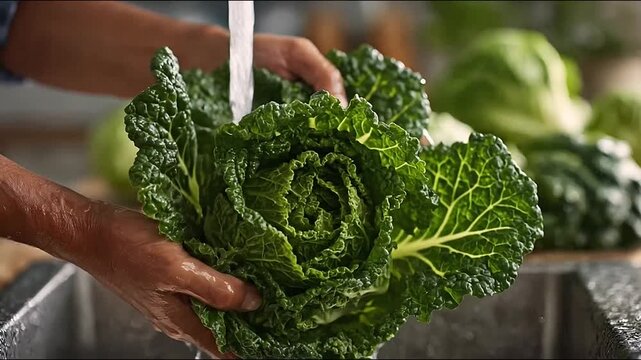 Man washing fresh savoy cabbage in a kitchen sink