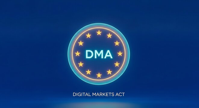 EU Digital Markets Act Emblem with Stars and Text on Blue Background