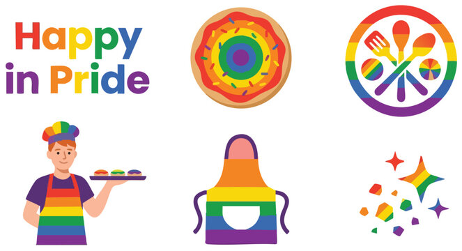 Happy in pride rainbow chef with apron pizza and cooking utensils vector art