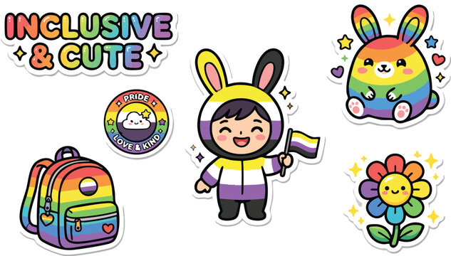 Inclusive and cute rainbow pride animal bunny flower backpack vector art